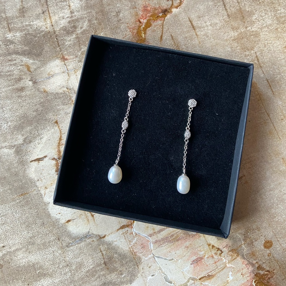 Adornia White Rhodium Plated Swarovski Crystal Freshwater Pearl Drop Earrings
